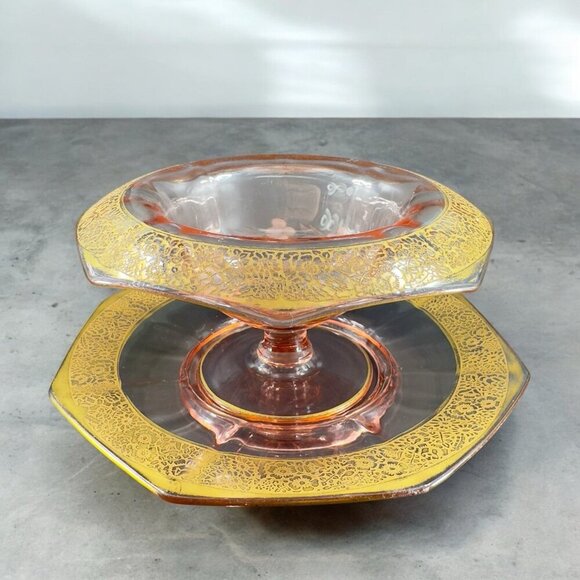 1930s Tiffin Franciscan Pink Depression Gold Edging Rambler Rose Dish Bowl Plate - Picture 4 of 14